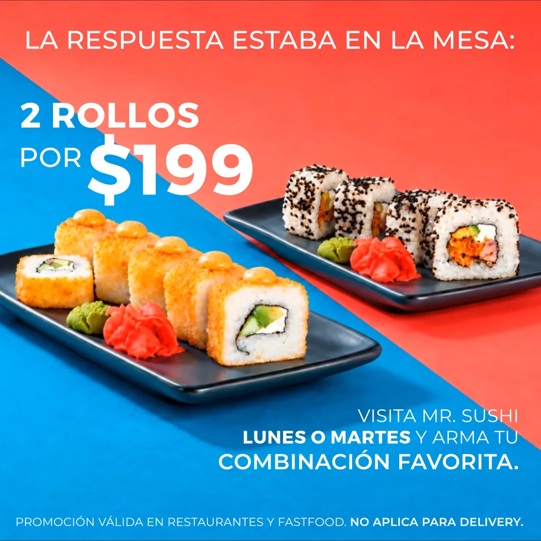 Promoción Mr. Sushi 2 Rollos por $199 lunes o martes en restaurantes y fastfood