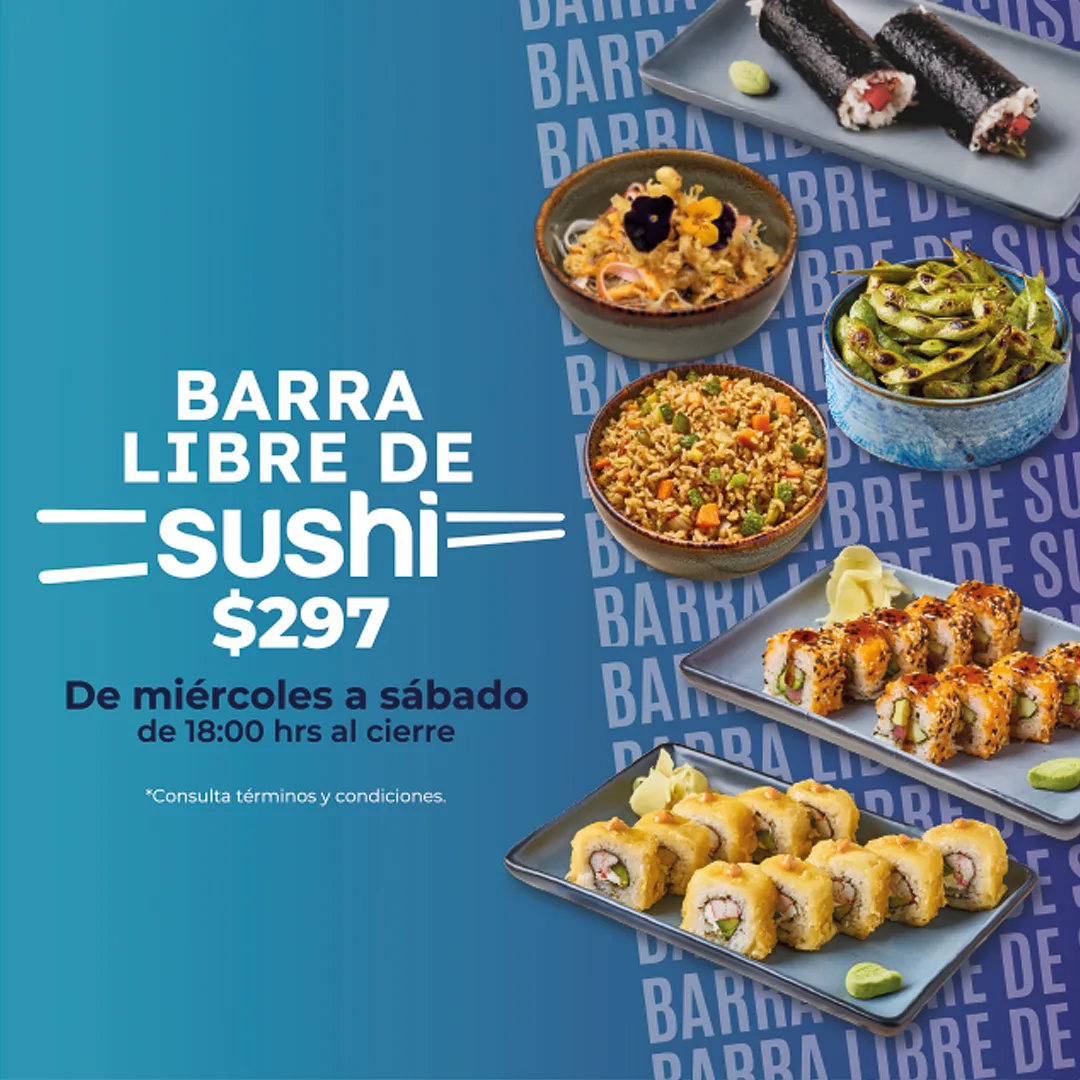 Promoción Barra libre de sushi Mr. Sushi por $297 de miércoles a sábado